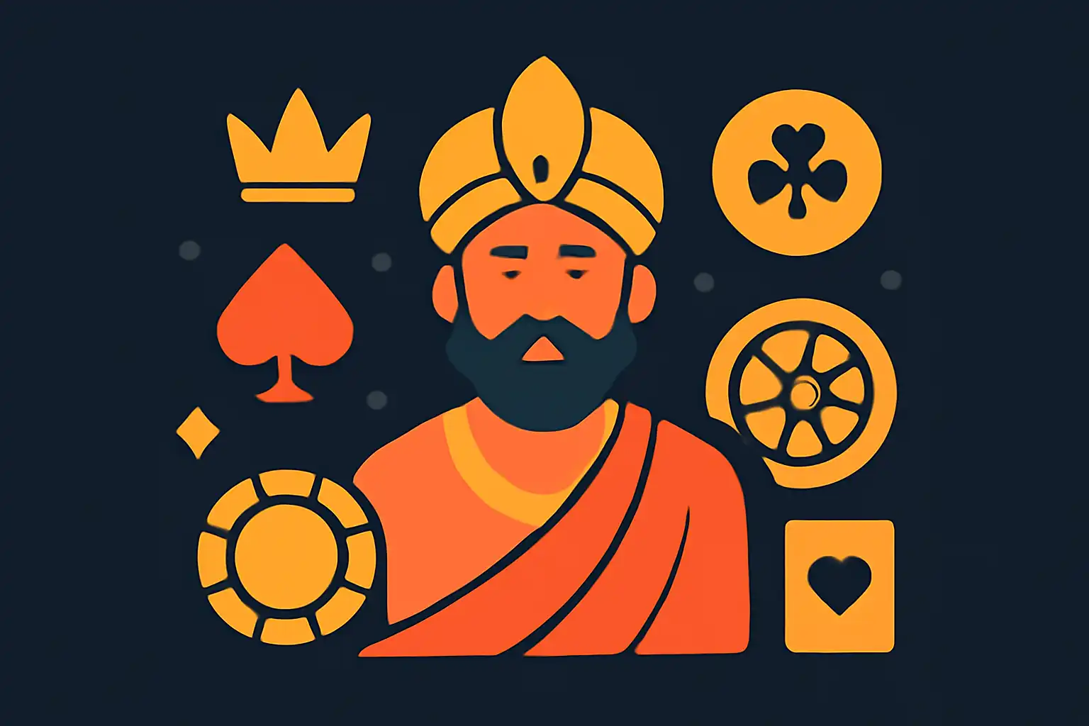 Hero illustration: Raja Luck, modern flat design, dark background, brand-neutral, icons and shapes only, no text