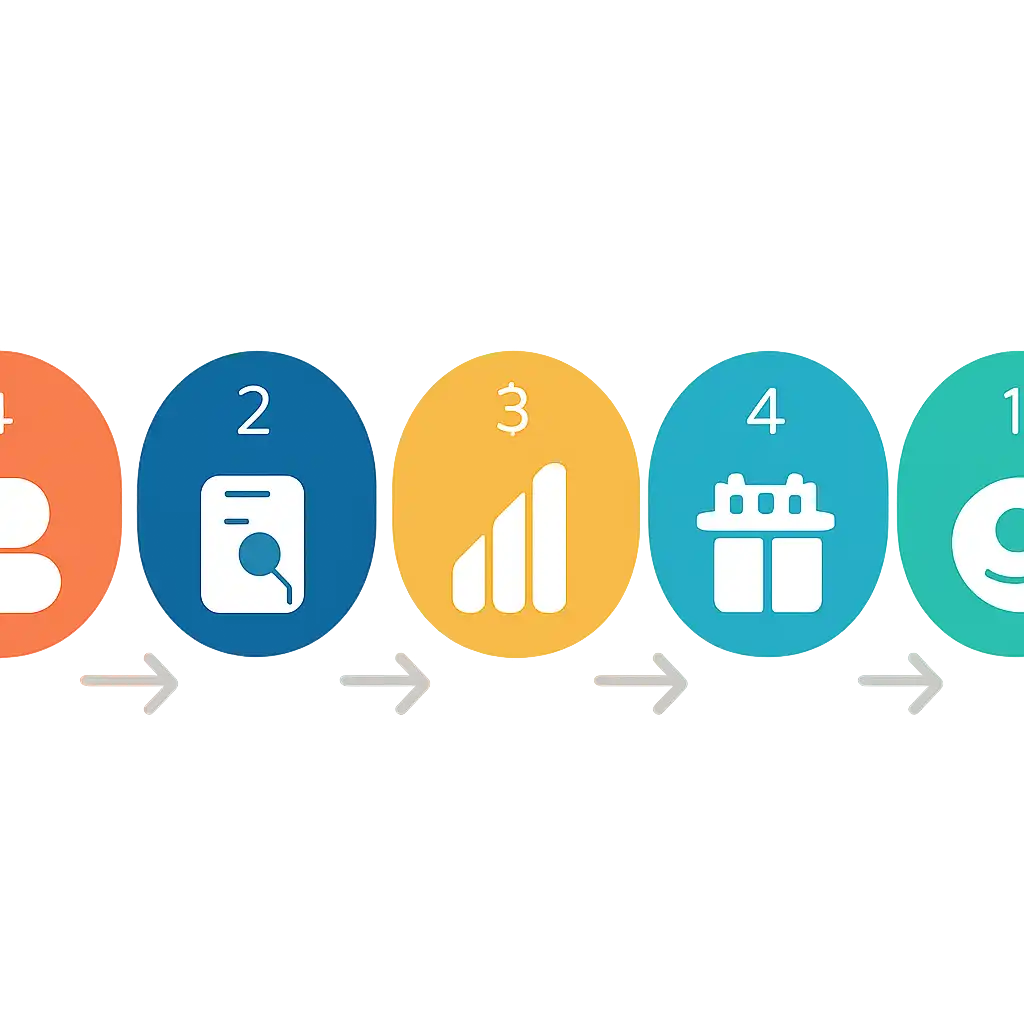 Five numbered circular icons connected by arrows in a horizontal flow, flat illustration, icons only, no words, Raja Luck steps